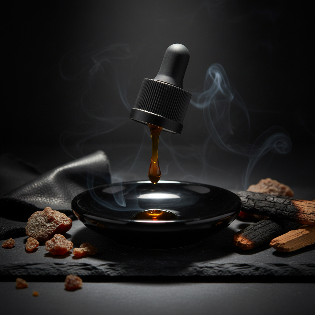 A close-up of a dark, weighty essential oil dropper hovering above a glossy onyx dish, a single viscous drop of deep amber oil suspended mid-fall. Around the dish lie fragments of labdanum resin, crumpled black leather, and charred cedarwood, hinting at a smoky, animalic scent profile. The scene is set on a rough slate surface, with subtle curls of gray incense smoke winding through the frame. Soft but directional studio lighting from above creates a spotlight effect on the falling drop, with everything else fading into shadow. Photographic realism, captured with a macro lens and extreme shallow depth of field, for a tense, hypnotic mood.