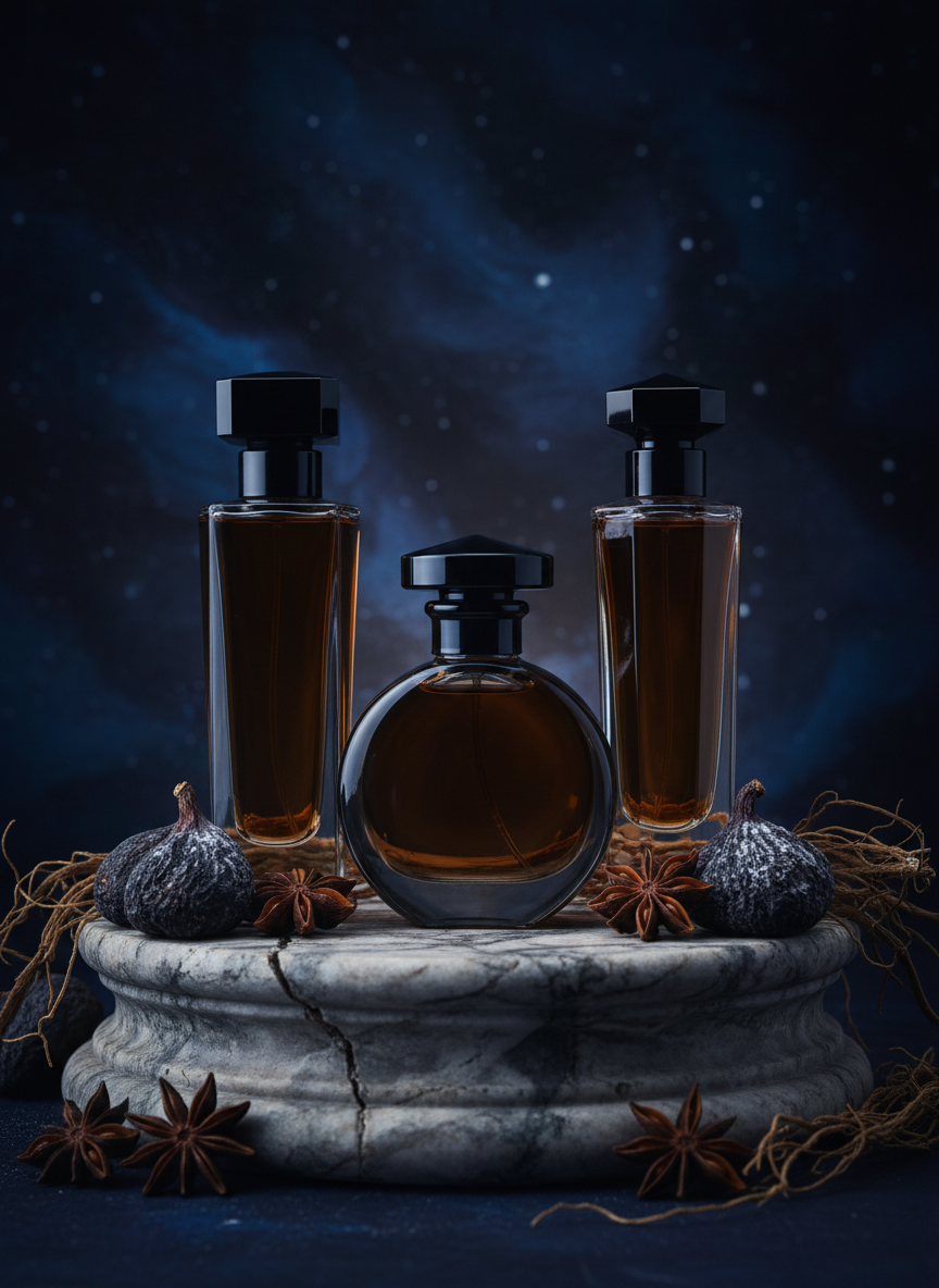 An arrangement of three differently shaped dark glass perfume bottles—one tall and angular, one round and heavy, one slender and faceted—standing atop a cracked marble pedestal. Behind them, an abstract backdrop of deep indigo and charcoal swirls suggests nightfall. Dried black figs, star anise, and smoky vetiver roots surround the base, evoking a complex gourmand-woods fragrance. Subtle blue-tinted rim lighting outlines each bottle, while a dim, warm key light from the front reveals glints of gold liquid inside. Shot straight on with balanced composition and moderate depth of field, the atmosphere feels opulent, arcane, and slightly gothic, in a highly realistic photographic style.