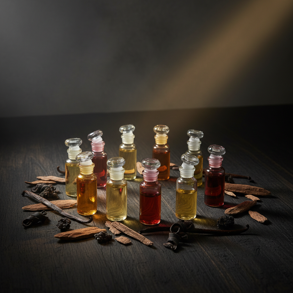 A collection of small amber glass vials filled with perfume oils in varying shades of gold and garnet, their glass stoppers slightly ajar as if releasing invisible tendrils of scent. They are arranged in a loose circle on a charred wood surface, with dried oud chips, vanilla pods, and curls of black incense resin scattered between them. A single narrow beam of warm spotlight cuts through a smoky, charcoal-toned background, catching reflections in the glass and casting long, moody shadows. Shot from a slightly elevated angle with a cinematic, low-key photographic style, the atmosphere feels ritualistic, intimate, and hauntingly elegant.