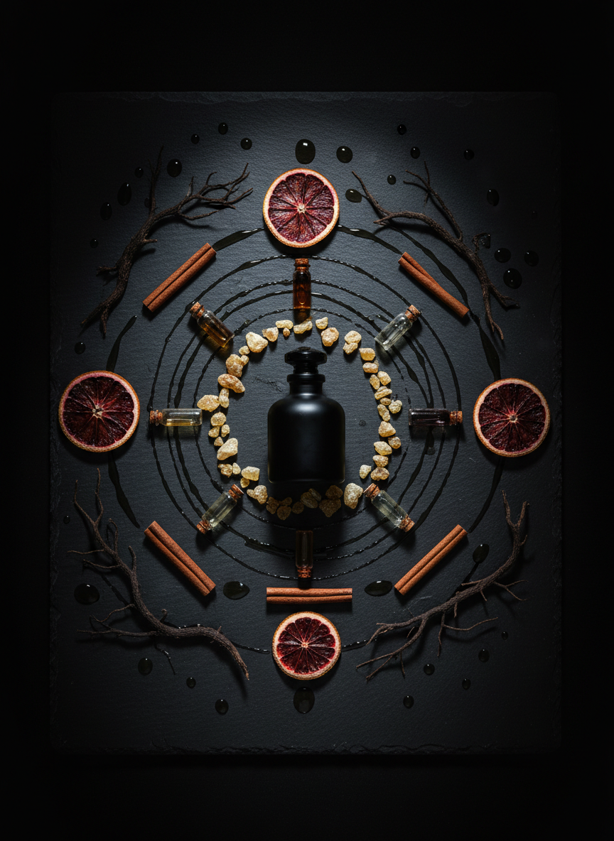 A flat lay composition of perfume and essential oil ingredients arranged like an occult diagram on a dark stone slab: small unlabeled vials of oil, shards of frankincense, dried blood-orange slices, curls of cinnamon bark, and inky iris roots radiating from a central black bottle. Fine trails of spilled oil catch the light like constellations. Overhead, a narrow pool of cool, diffused light illuminates the center, while the edges fall off into pure black. Captured from a bird’s-eye view with sharp focus throughout, the mood is meticulous, alchemical, and secretive, emphasizing the craft of blending scents in a photographic realism aesthetic.