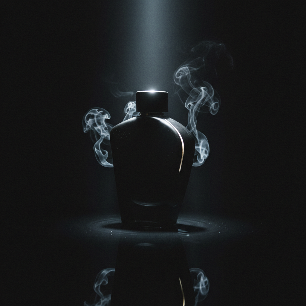 A single heavy, opaque onyx perfume flask with a subtly irregular, hand-crafted shape sits alone on a reflective black liquid surface, as if floating in a void. Tiny ripples around the base distort its reflection. Wisps of silver-gray smoke spiral upward behind it, hinting at incense and resinous notes. A tight shaft of cool, focused light from above creates a halo around the top of the bottle and a sharp highlight down one side, leaving the rest in near darkness. Photographic realism, minimal composition, and a low, slightly off-center angle establish a brooding, avant-garde mood that suggests a powerful signature scent.