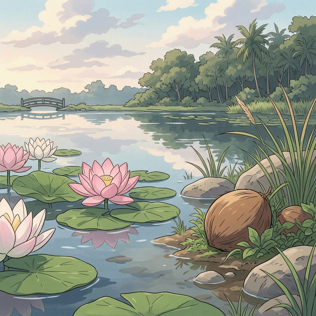 Anime-style lotus flower and coconut