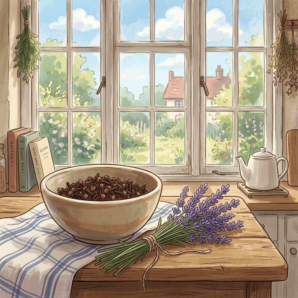 Bowl of spices and lavender beside a teapot by a sunny window