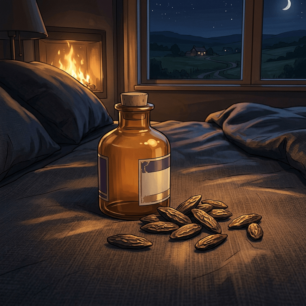 Wellness bottle and dried fruit on a bed at night