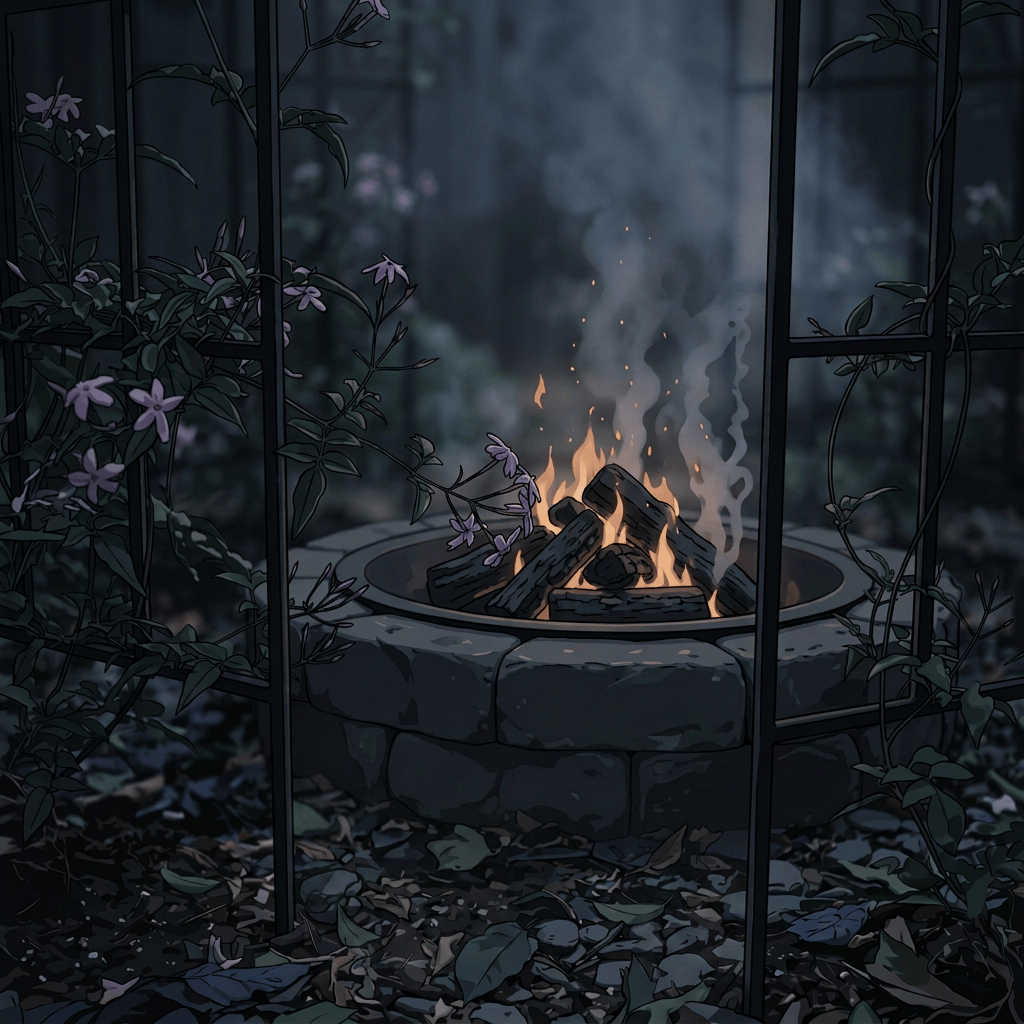 Small fire burning in a stone pit behind flowering garden vines