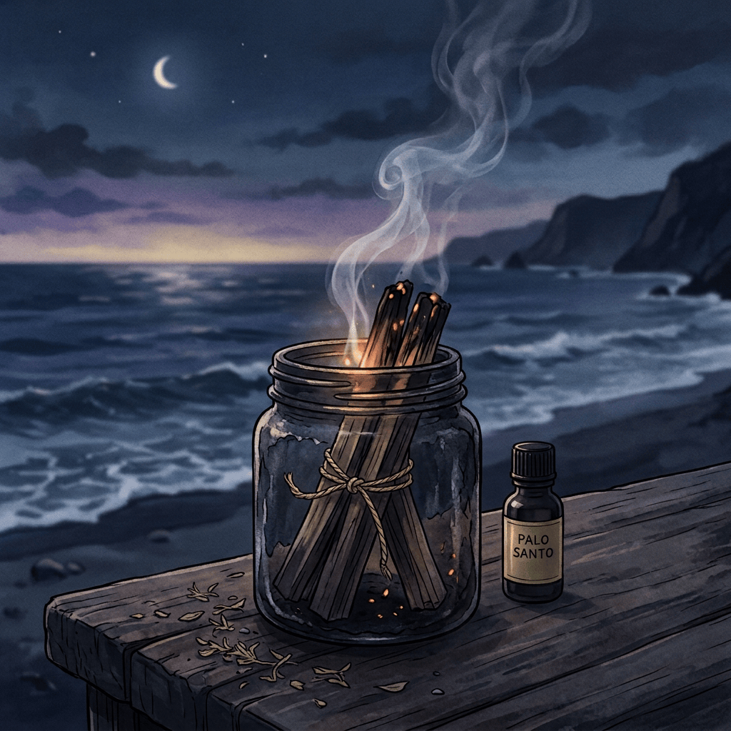 Smoking palo santo bundle in jar beside ocean; bottle labeled PALO SANTO