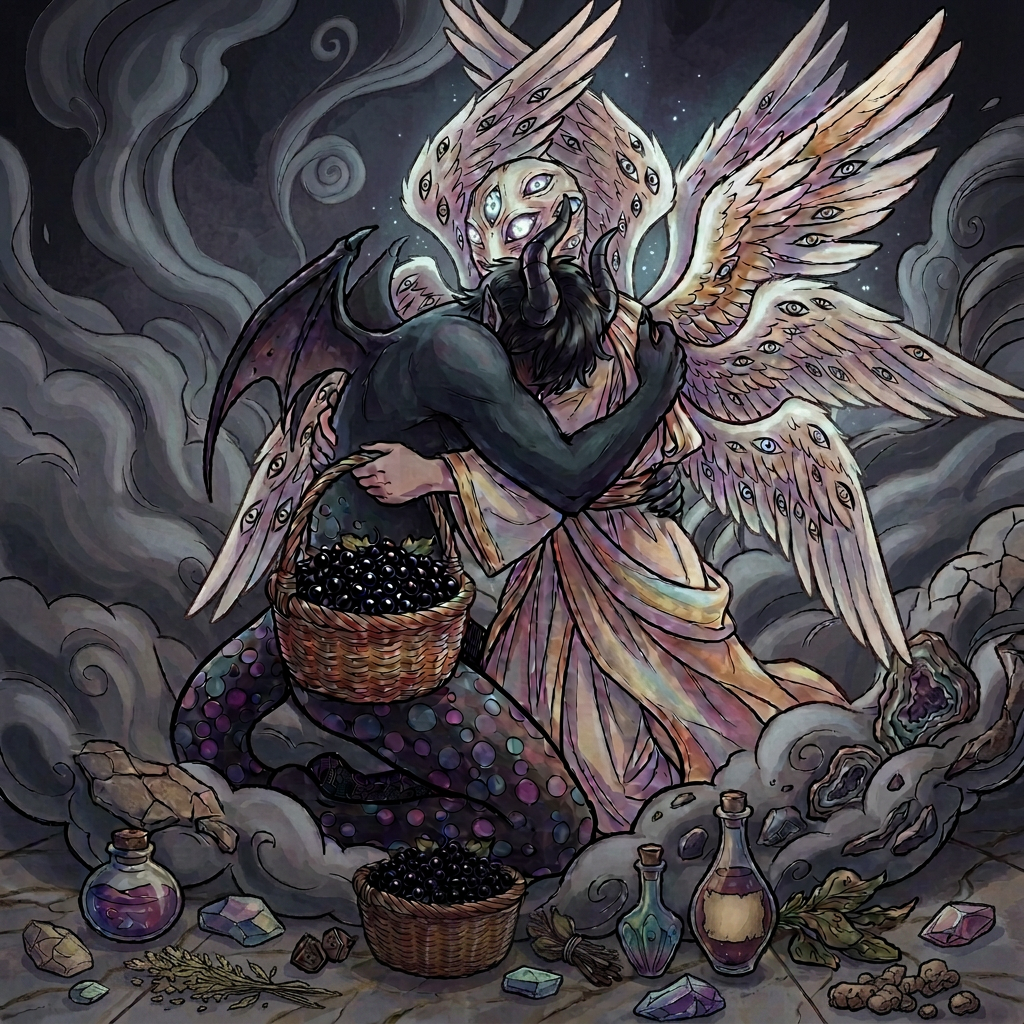Biblical multi-eyed angel embracing demon